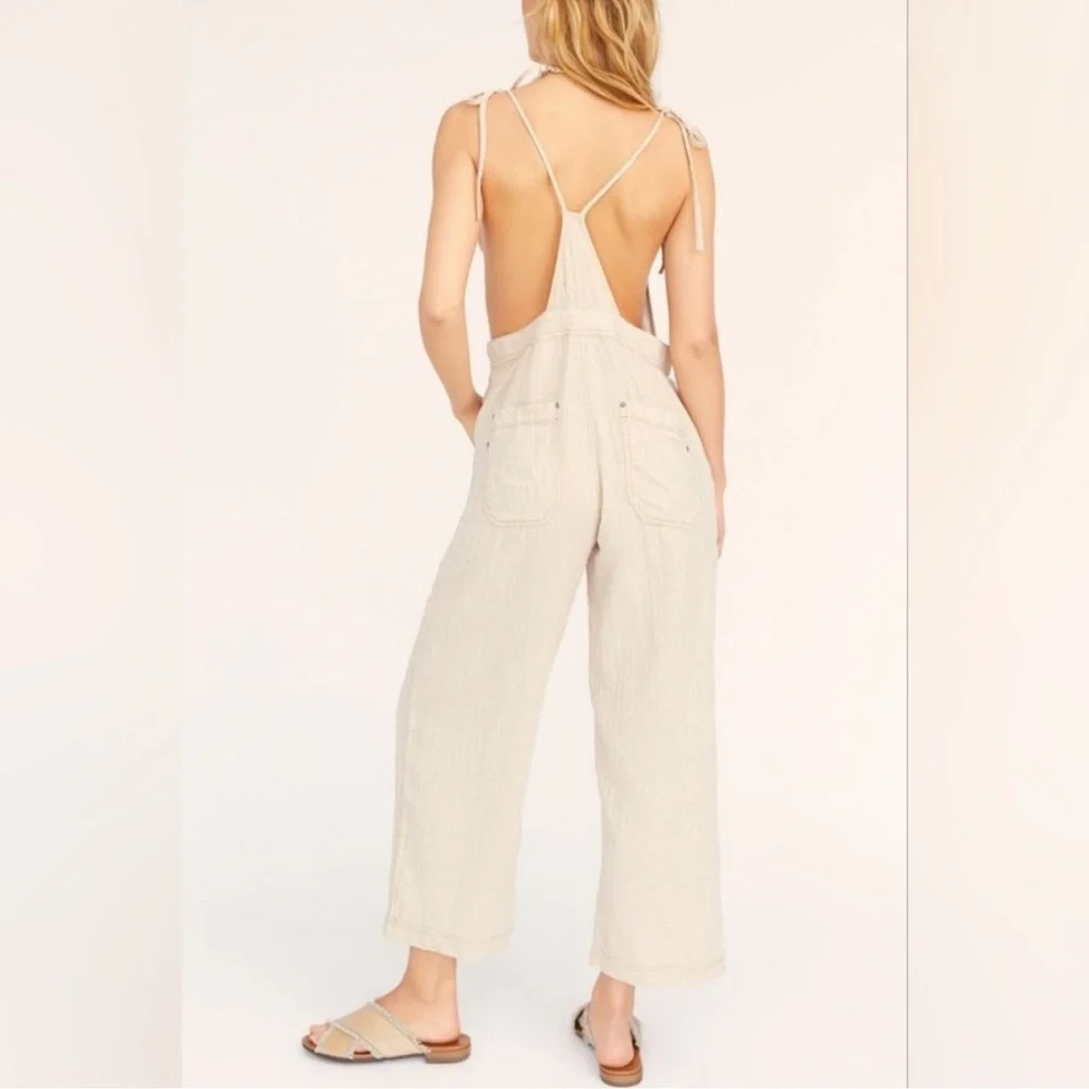 Free People Cream Linen Blend Wide-Leg Overalls
